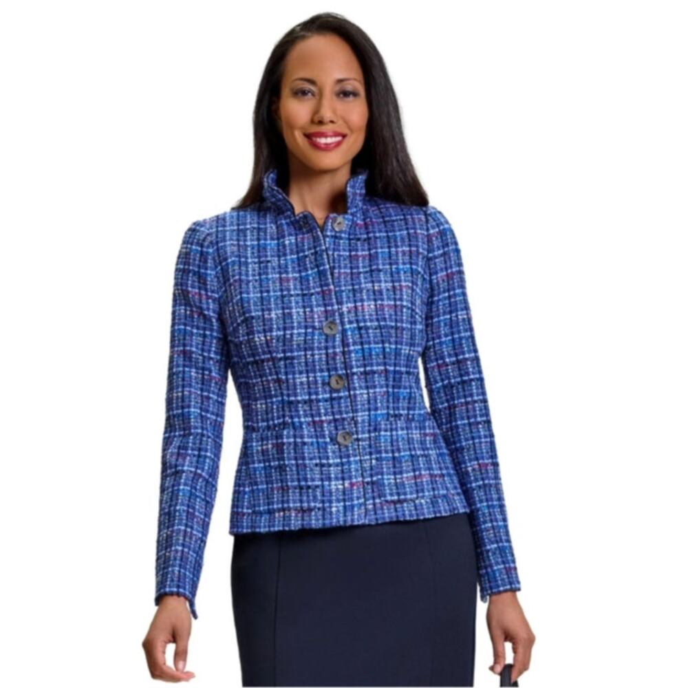 NINA MCLEMORE Virgin Wool Tweed Metro Jacket Blazer Multicolor Blue Size 2